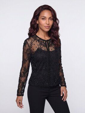 SCALA Elegant Black Beaded Sheer Mesh Long Sleeve Bolero Jacket  - L